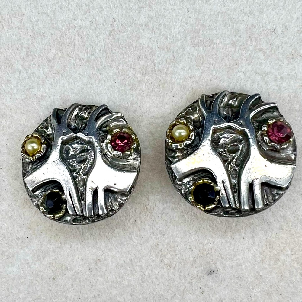 Vintage Artisan Sterling Clip On Earrings Deer, Faux Pearl, Crystals 24.2 Grams